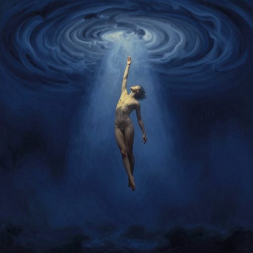 A solitary figure suspended in a vast, swirling void, representing forced transition.