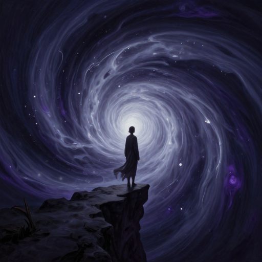 A lone figure being pulled into a swirling, luminous void, symbolizing loss of control during transition.