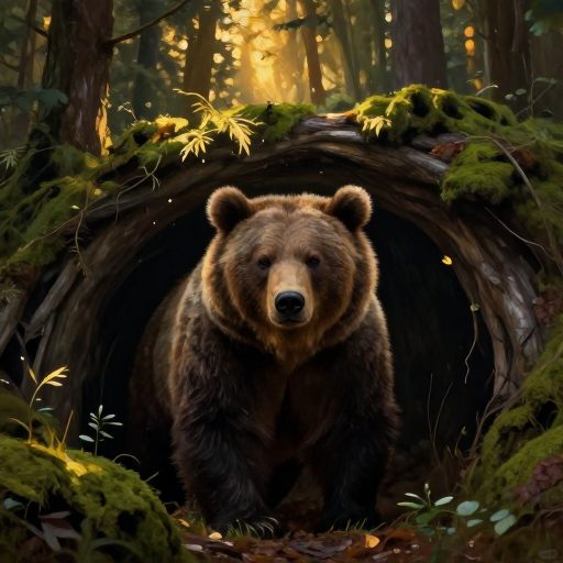 A massive brown bear enters a twilight forest clearing, symbolizing the integration of primal instinct.