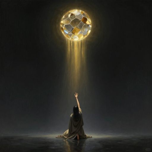A solitary figure reaching out in a vast, echoing space.