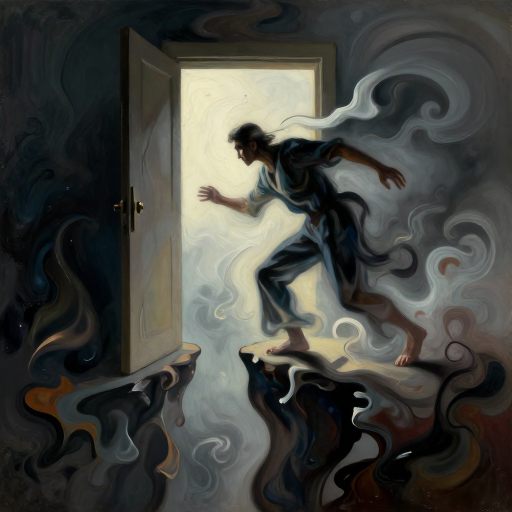 A figure poised at a threshold of sudden, necessary action.