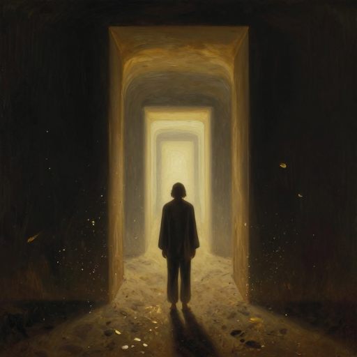 A solitary figure stands at the precipice of a vast, dimly lit passage, symbolizing a critical internal threshold.