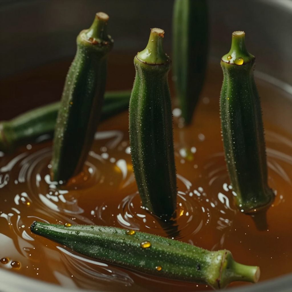 Okra pods suspended in viscous amber liquid.