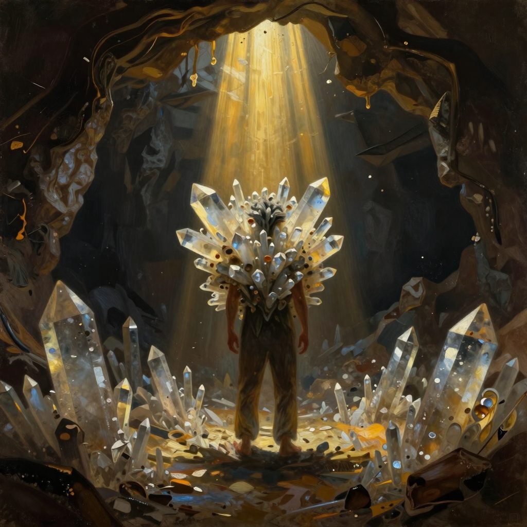 A solitary figure weighed down by a crystalline structure in a liminal landscape.