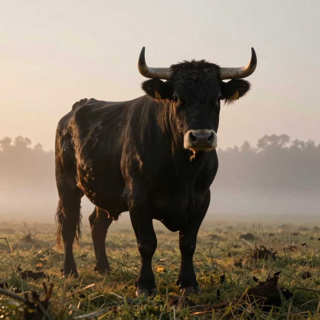 A powerful Aberdeen Angus bull stands firmly in a misty pasture at golden hour, symbolizing grounded stability and heritage.