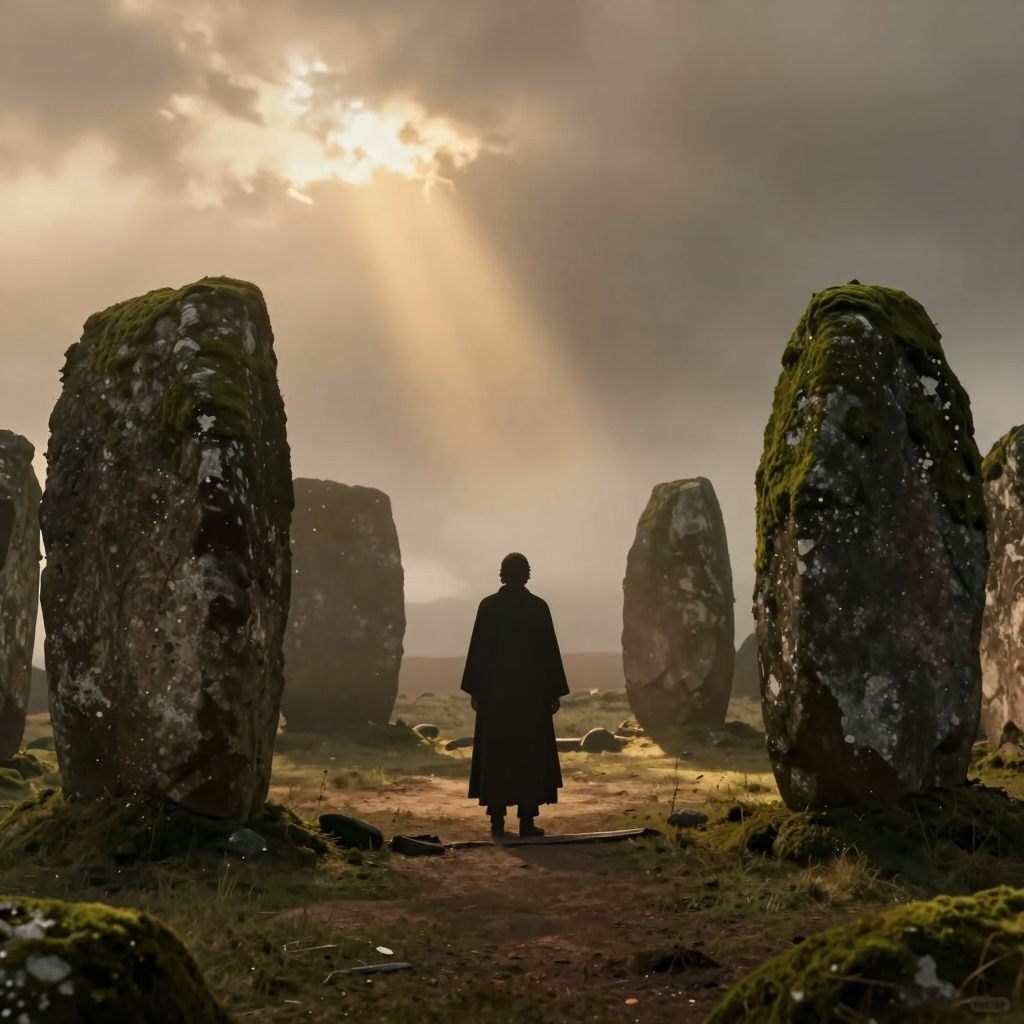 A figure rooted in ancient earth, symbolizing integration of origin.