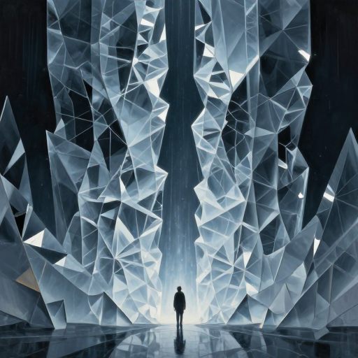 A solitary figure stands before a monolithic, crystalline structure representing internal pressure.