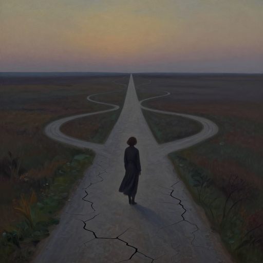 A lone figure stands at the edge of a path that gently diverges from a main course, symbolizing necessary deviation.