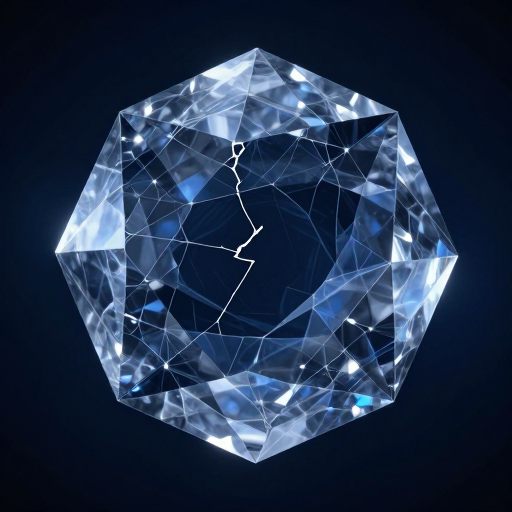 A massive, crystalline structure maintaining perfect symmetry, except for a single, microscopically fractured facet causing a discordant ripple of light.