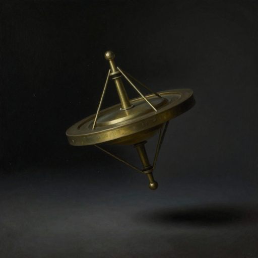 A solitary, geometrically skewed gyroscope floats in a vast, still void.