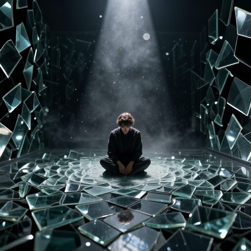 A solitary figure engulfed by a vortex of reflective glass fragments, symbolizing an inescapable mental loop.