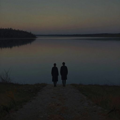 Figures standing on a precipice overlooking a swirling, still body of water.