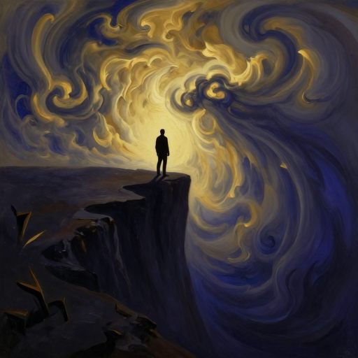 Figure poised at a threshold of necessary action.