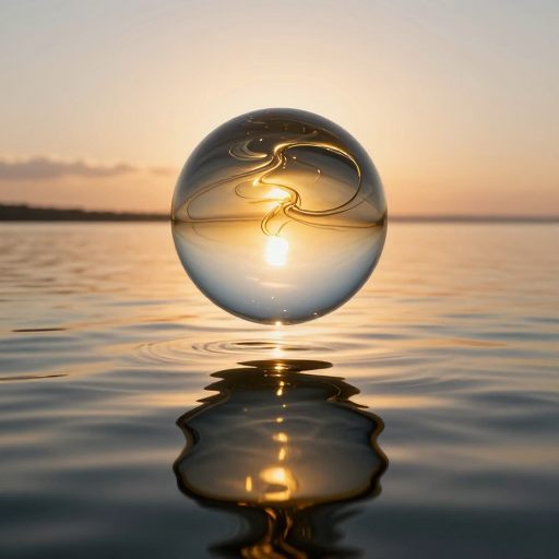 A glass orb suspended above still water during golden hour.