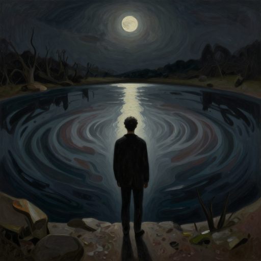 A figure recoils from a viscous, dark mirror.