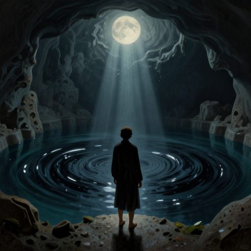 A figure recoiling from a crystalline pool of shadow.