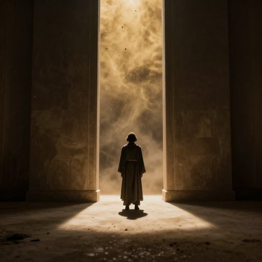 A solitary figure stands before a threshold, weighed by introspection.