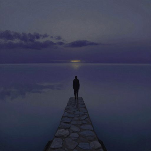 A solitary figure stands at the edge of a vast, reflective pool under a darkening sky, symbolizing emotional isolation.