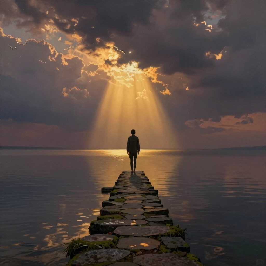 A figure maintains balance on a narrow bridge under a heavy twilight sky, symbolizing endurance.