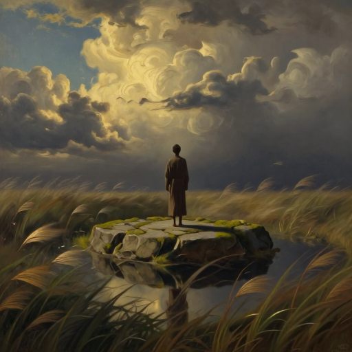 A solitary figure rooted in calm amidst a swirling, dramatic landscape.
