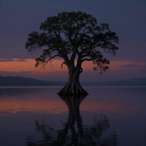 A lone, ancient tree rooted in still water at twilight.