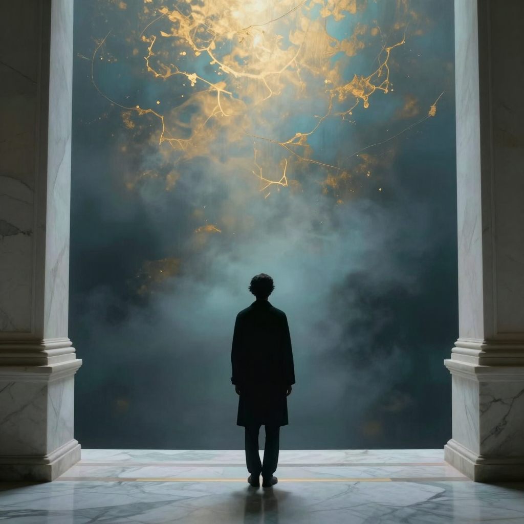 A solitary figure stands at the edge of a vast, luminous void, symbolizing emotional absence.