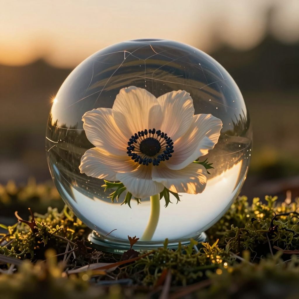 A glass sphere cradling a single, vibrant bloom, symbolizing beautiful tension.