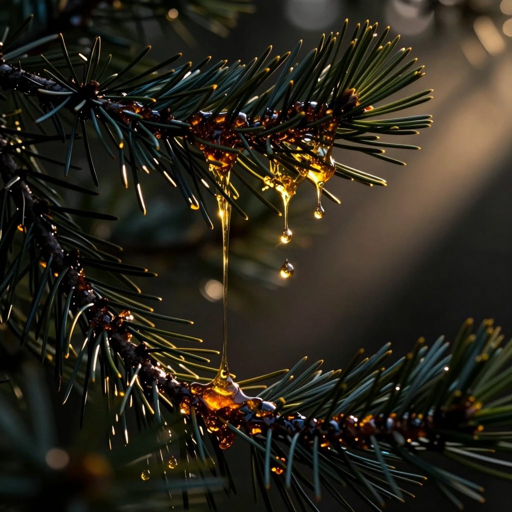 Resin-laden fir branch symbolizing emotional preservation.