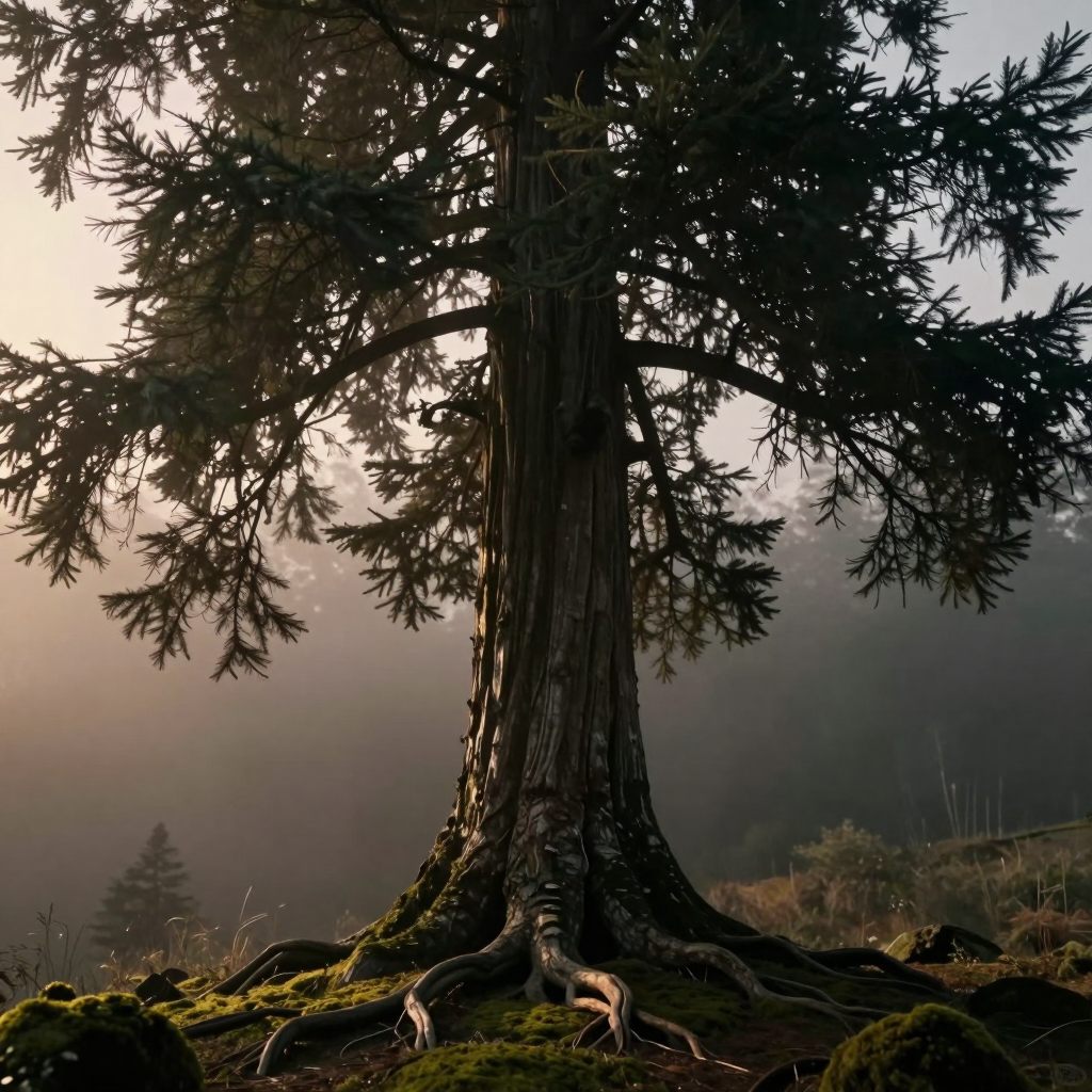 A solitary, ancient fir tree deeply rooted in mossy earth.