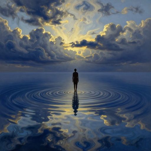 A figure standing amidst swirling, luminous water, representing mastery and self-efficacy.