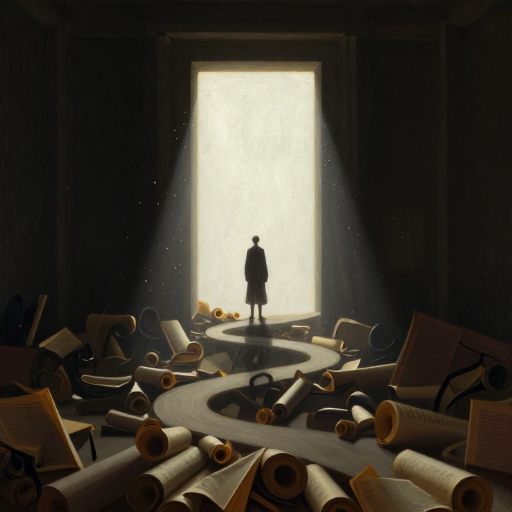 A solitary figure stands at a threshold, representing a critical life transition under immense pressure.