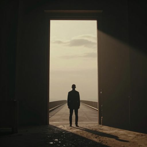 A solitary figure stands at a monumental threshold, symbolizing the high stakes of transition.