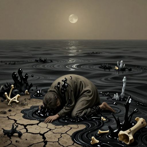 A figure overwhelmed by encroaching decay.