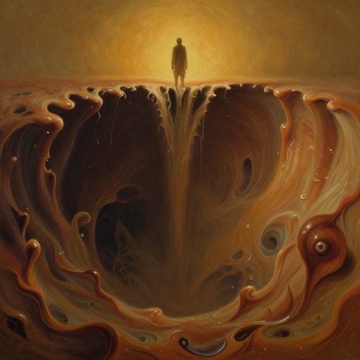 A solitary figure dissolving into a vast, turbulent threshold.