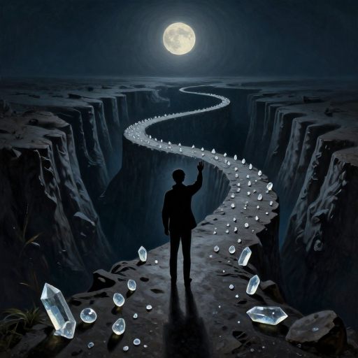 A figure sheds a heavy past while standing at a liminal threshold.