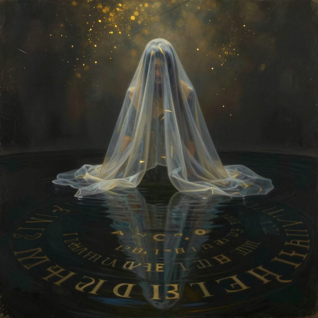 Symbolic veil over swirling, ancient echoes in dark water.