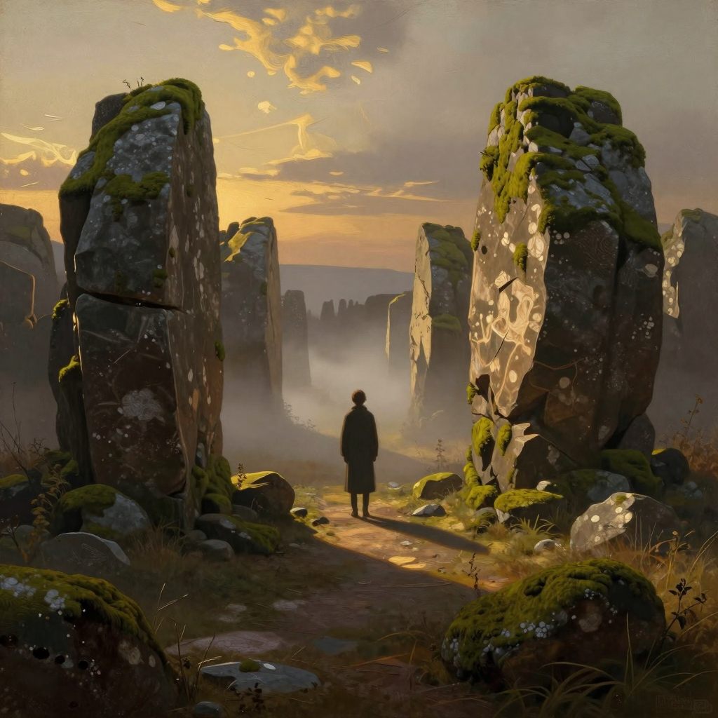 A solitary figure stands amidst ancient, moss-covered stones, symbolizing deep roots and cultural memory.