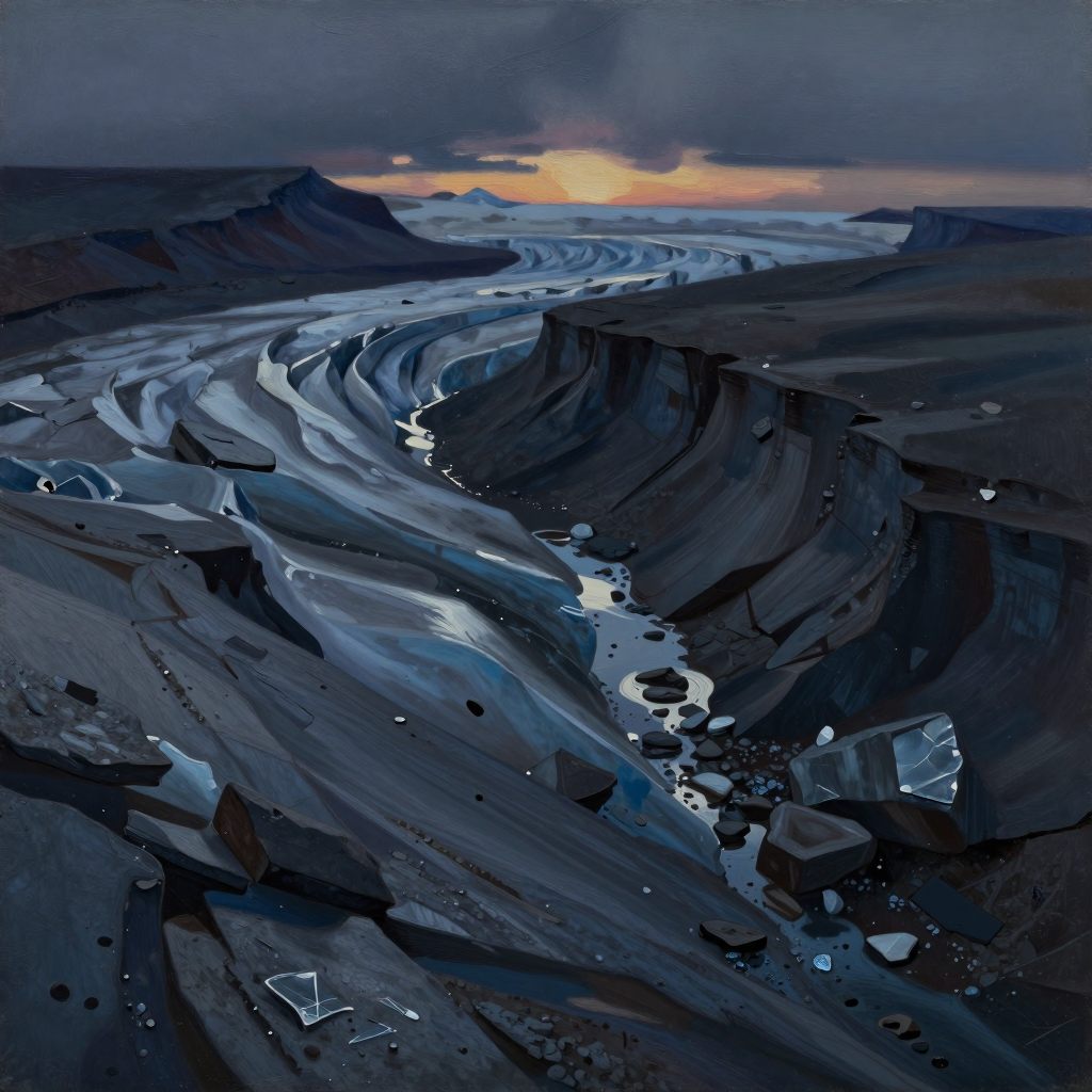 A desolate glacial moraine stretches into a vast, quiet horizon, symbolizing transition.