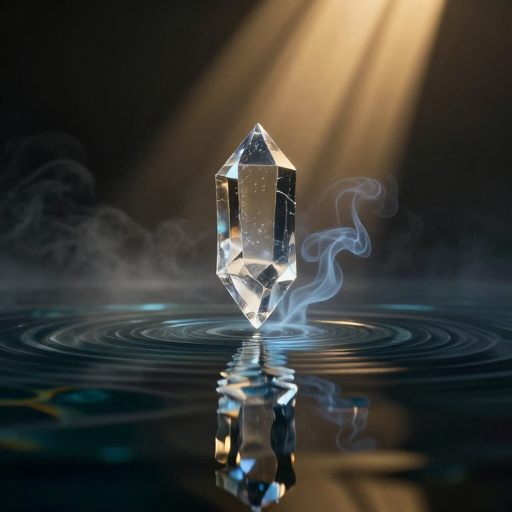 A crystalline form undergoing controlled dissolution into a calm body of water.