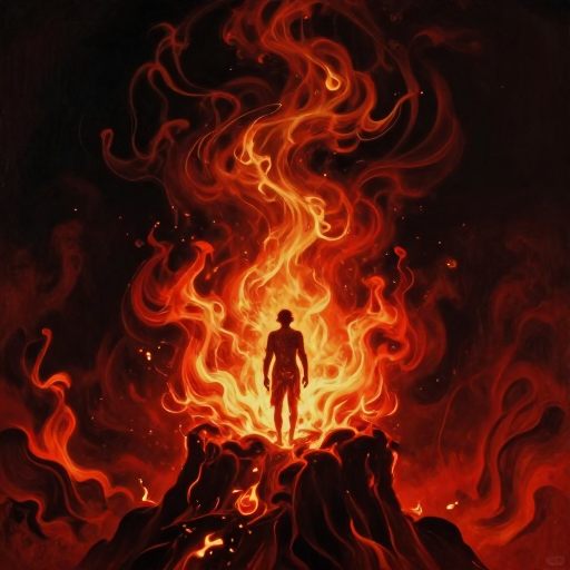 A solitary figure stands amidst swirling, ethereal flames, symbolizing emotional transformation.