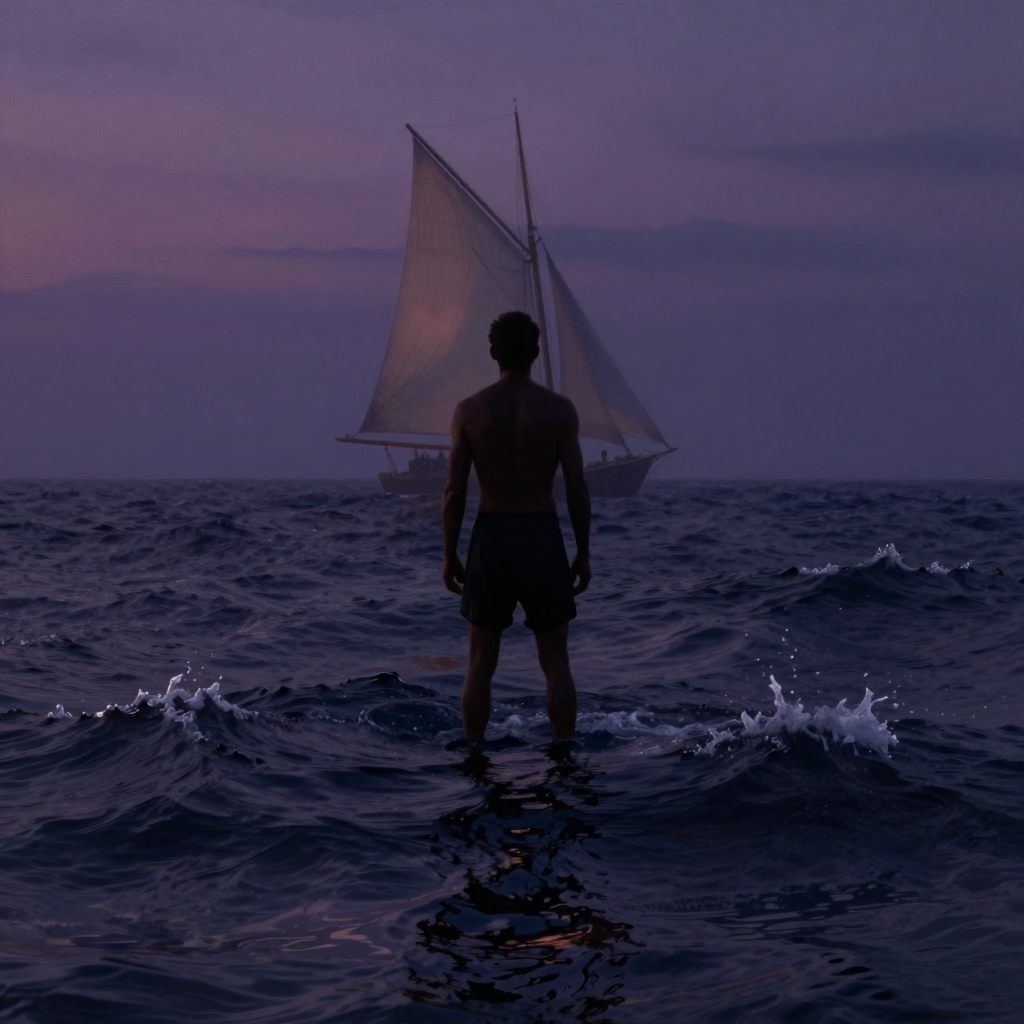 A solitary figure stands at the helm on a tempestuous sea, embodying resilience.