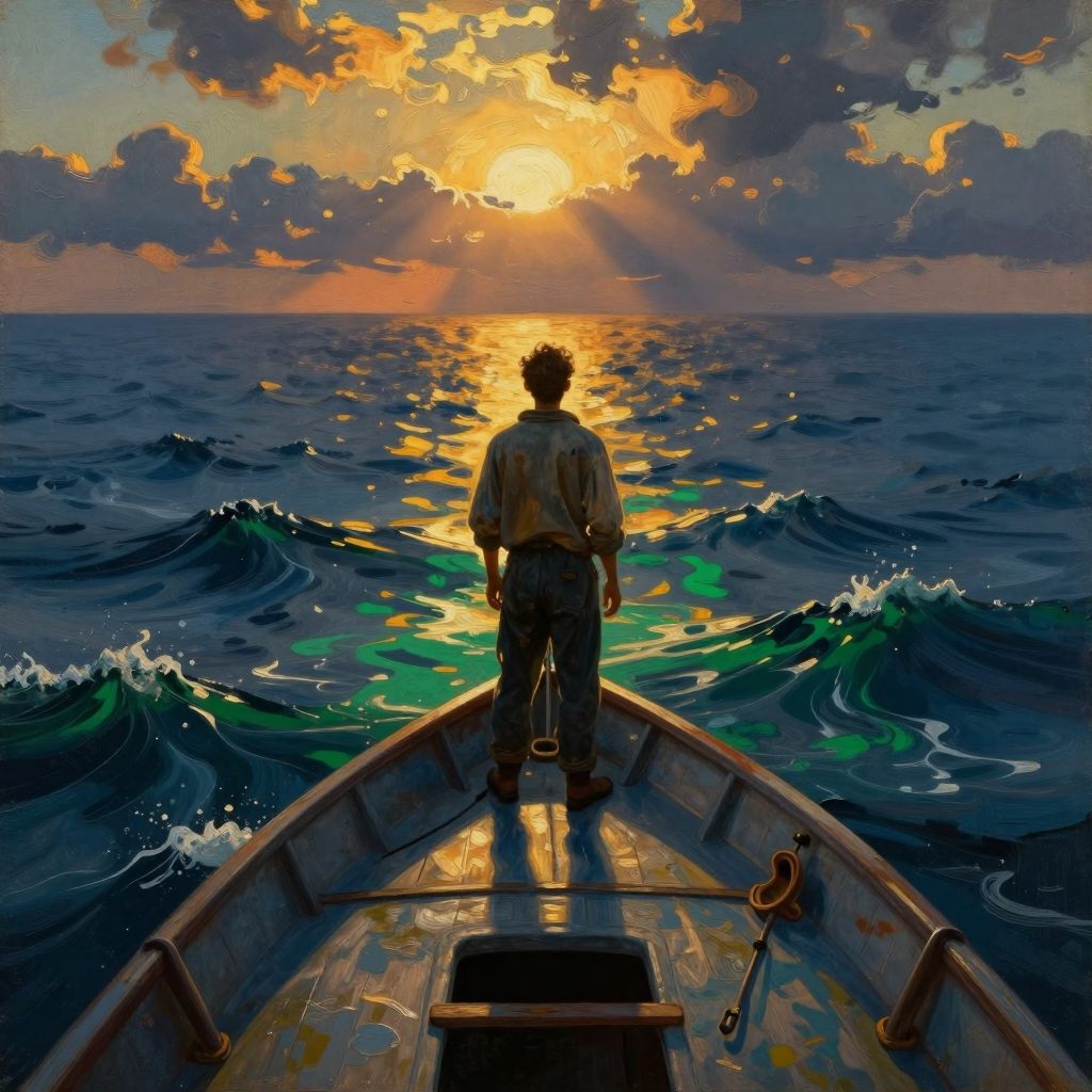 A powerful figure standing watch on a small vessel against a vast, moody sea.