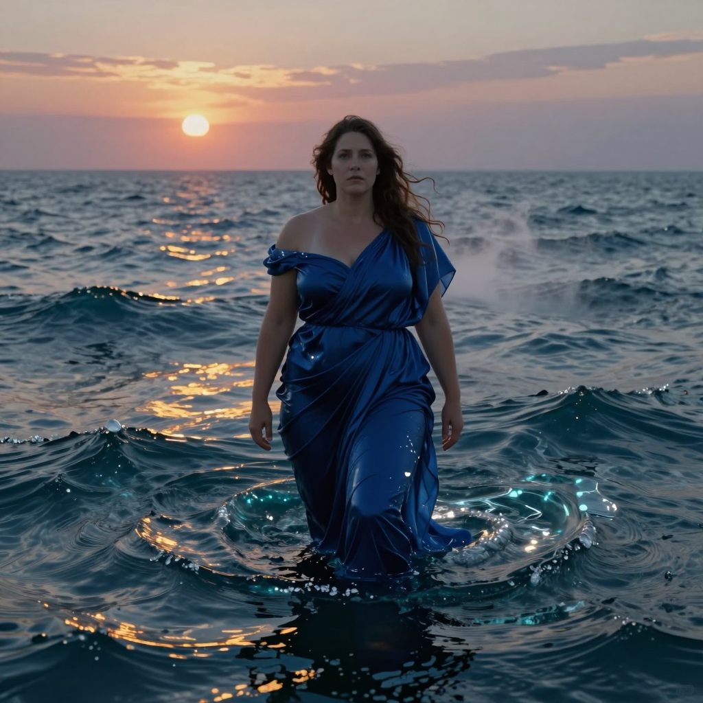 A powerful figure standing at the edge of a vast, reflective ocean.