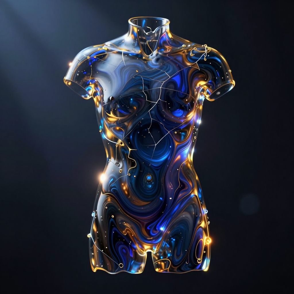 A translucent figure emerges from swirling liquid, symbolizing the body as a boundary between mind and matter.