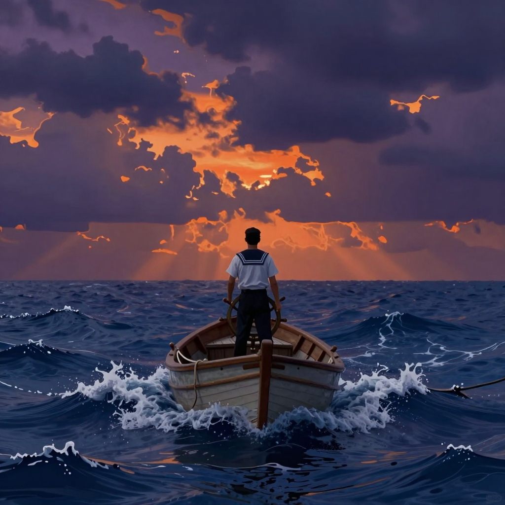 A solitary figure in a weathered uniform stands against a vast, tumultuous sea under a dramatic, heavy sky, symbolizing commitment and duty.