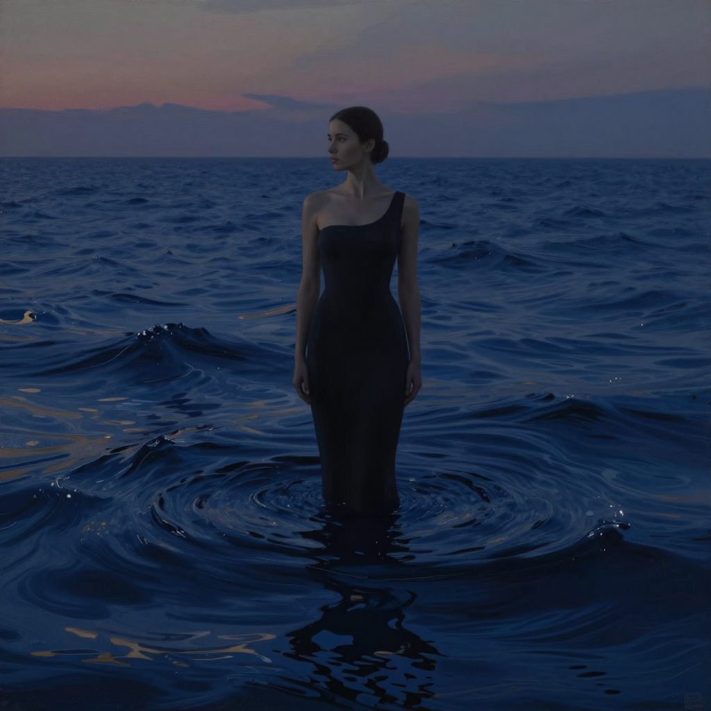 A powerful figure standing in deep water, symbolizing mastery over unconscious emotional currents.