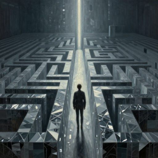 A solitary figure attempting to push through a translucent, monolithic barrier.