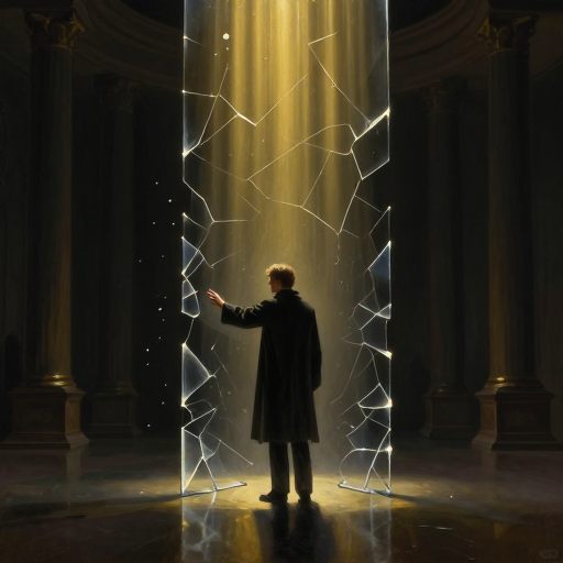 A solitary figure weighed down by a crystalline barrier, symbolizing systemic judgment.