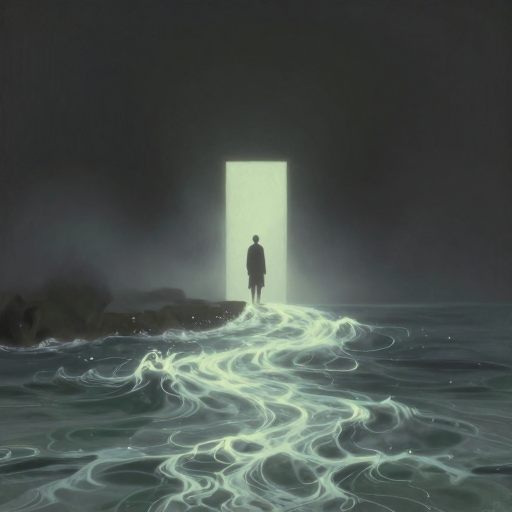 A solitary figure stands at the edge of a vast, still body of water, watching a powerful, luminous current cleanse the threshold.