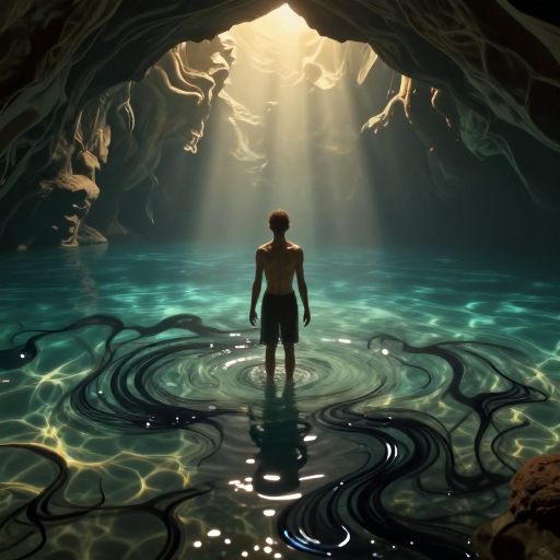 A solitary figure undergoing emotional cleansing in a vast, reflective body of water.